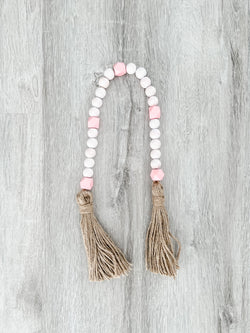 Wood Beads - Long Pink/Distressed White